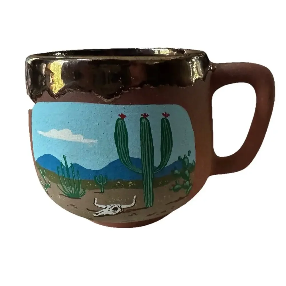VTG‎ Hand Painted Mexican Pottery Clay Coffee Mug Cactus Skull Southwest Design
